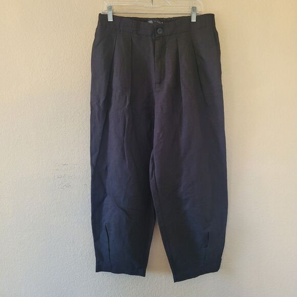 Zara Barrel Pants Sz Large Black Linen Wide Leg High Rise Baggy Pockets Pleated - Picture 1 of 9